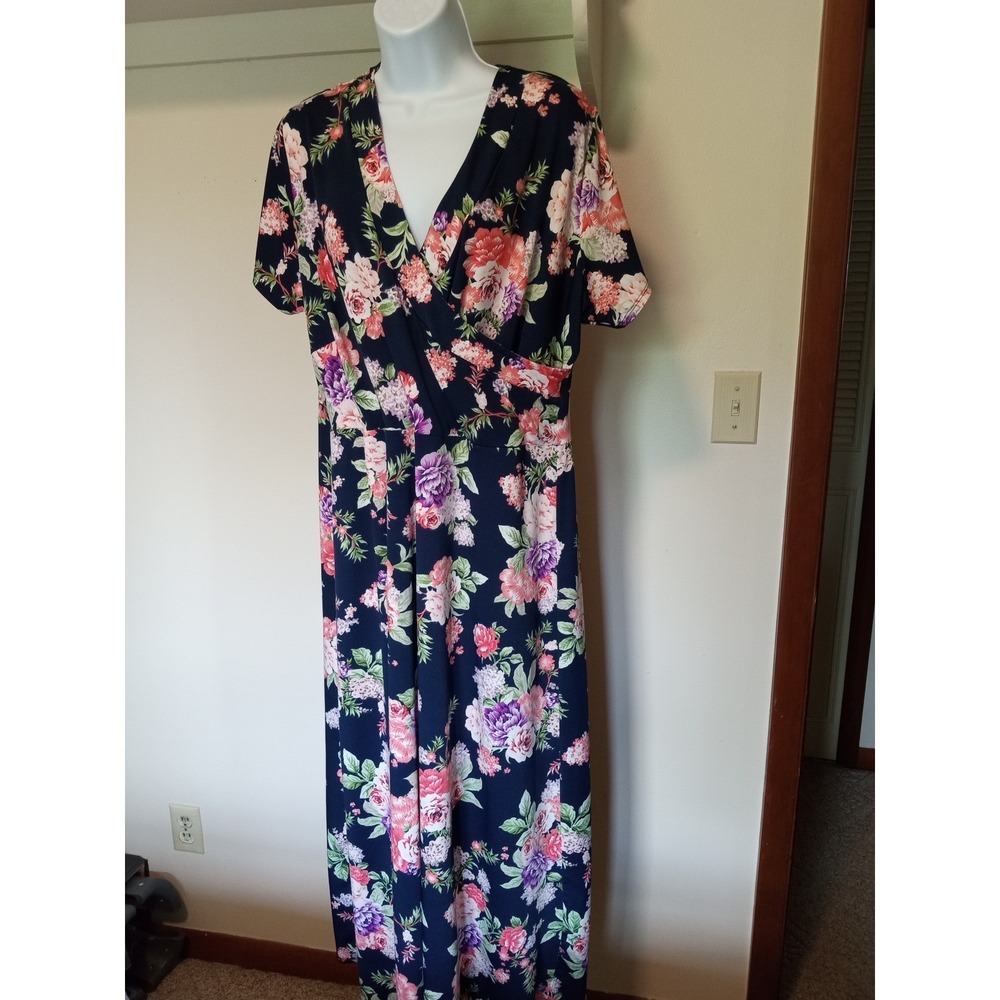 Nina Leonard Navy Floral Wrap V-Neck Maxi Dress Short Sleeve Plus Size 1X